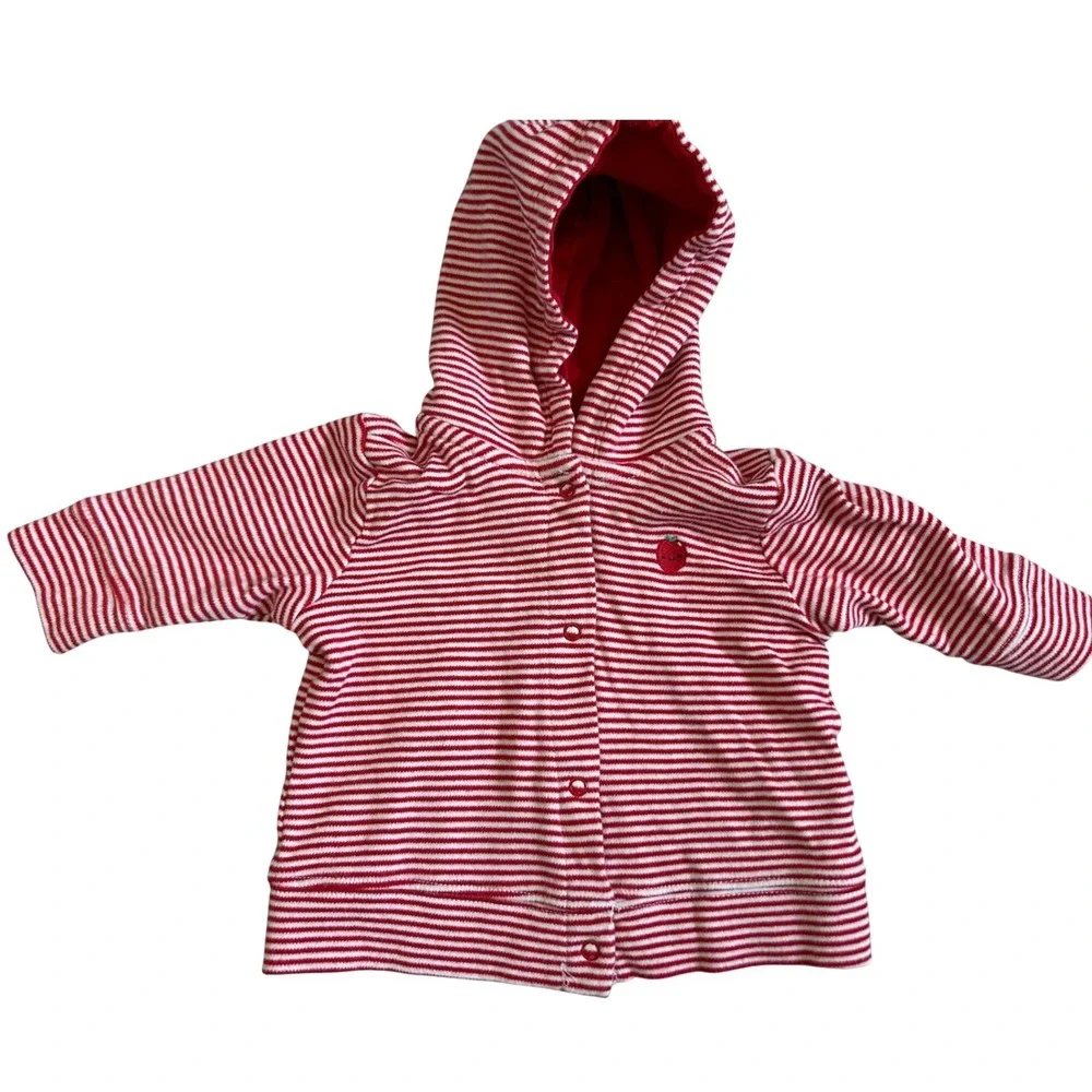 Gymboree‎ Striped Hooded Jacket Kids Red Apple Embroidery Snap Front 0-3 Months